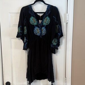 Free People Black Dress with Blue and Green Embroidery